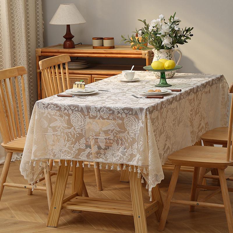 Elegant Pastoral Cotton-Linen Lace Tablecloth: Artistic, Dustproof, Non-Slip, Heat-Resistant, Hollow Design
