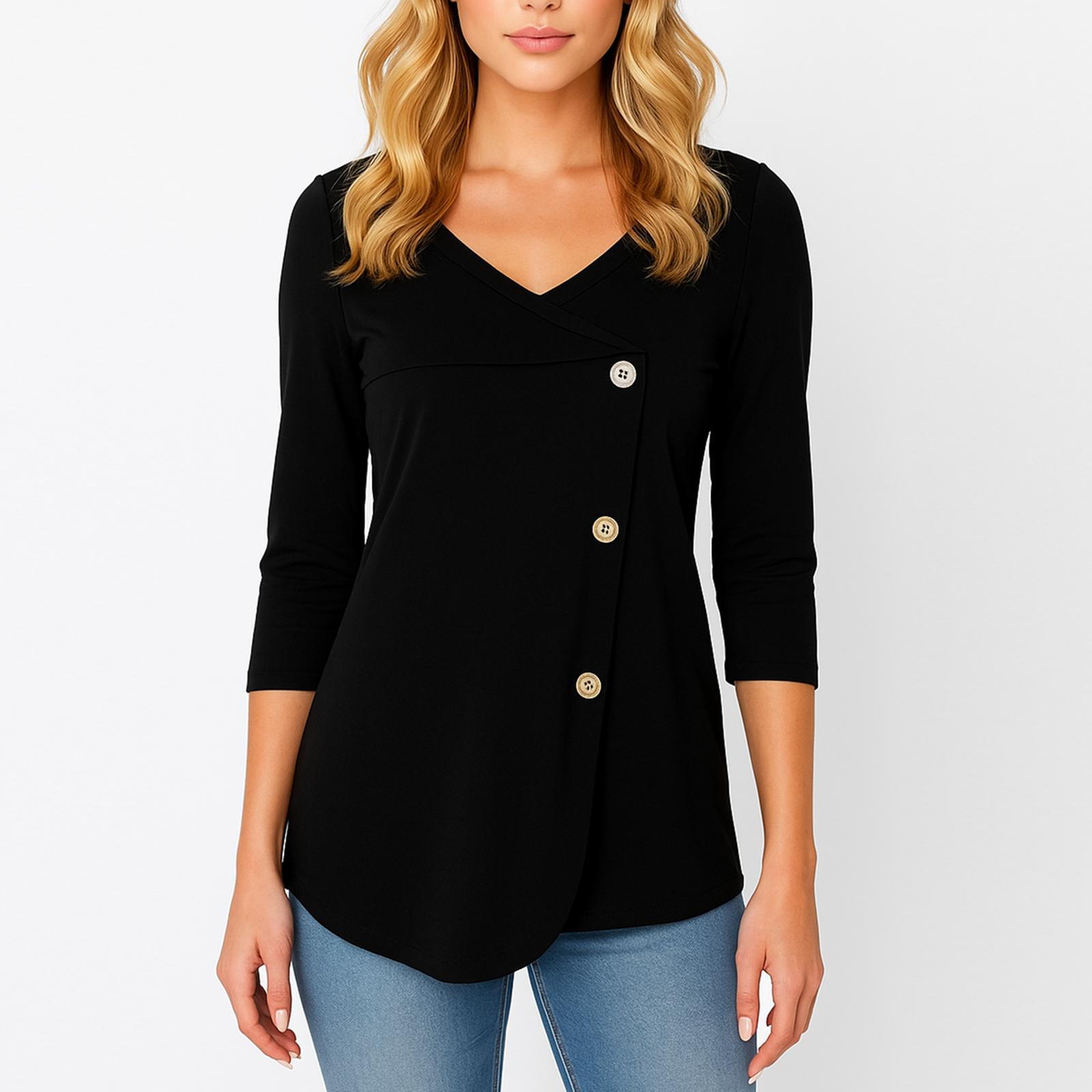 

Женский однотонный пуловер с V-образным вырезом на пуговицах и длинными рукавами XXL чёрный