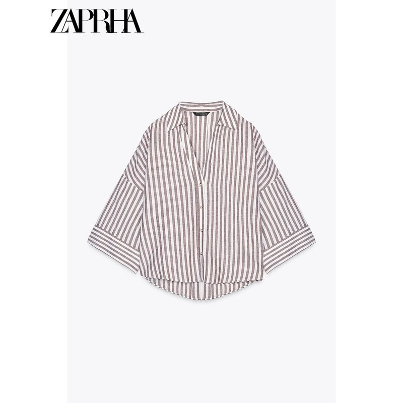 

Zaprha 2025 New Arrival Japanese Style Youthful-Looking Loose Linen Blended Plaid Wide Sleeve Lapel Shirt for Women 2340712 White L