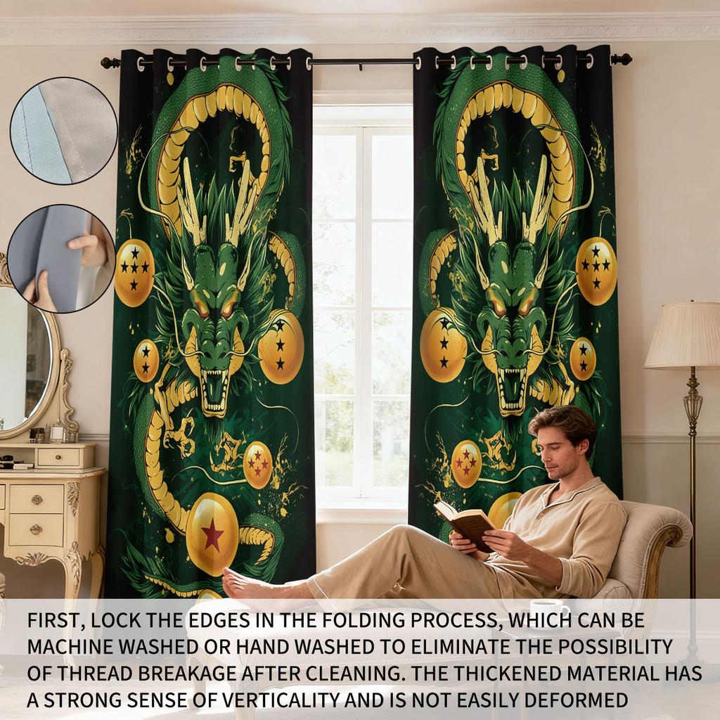 Set Of 2 Cartoon Green Dragon Animal Print Perforated Curtains Available Multiple Sizes Living Room Insulation Decoration Curtain Darkening For