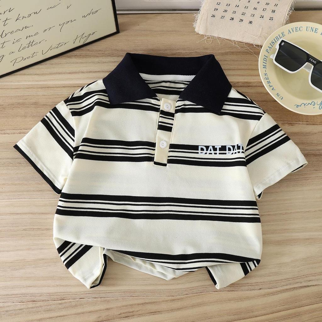 2025 Kids' Striped POLO Shirt - Unisex Summer Lapel Short Sleeve Color Block Top, Korean Style
