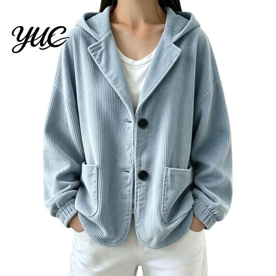 Everyday Layering Piece Autumn Winter Casual Coat, Hoolded Long Sleeve Jacket, Comfortable Commuter Apparel Loose Fit Vertical Corduroy Outerwear with