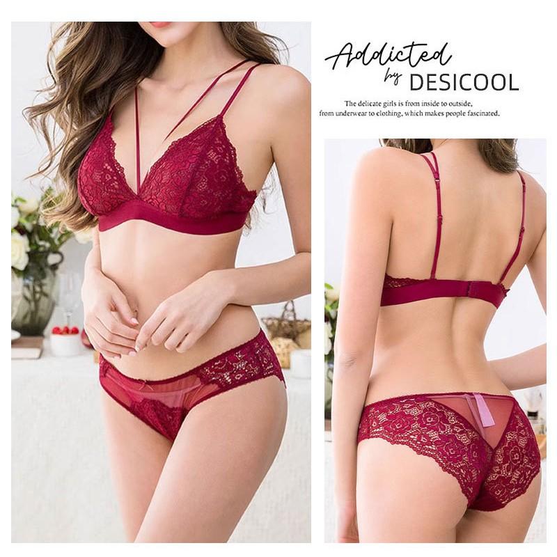 Lace Bra Set Women Soft Non-Wired 3/4 Cup Adjustable Straps Comfortable Breathable Lingerie