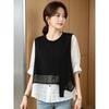 Black Fake Two Piece Loose Five Sleeve Shirt For Women Plus Size Summer Slimming Top