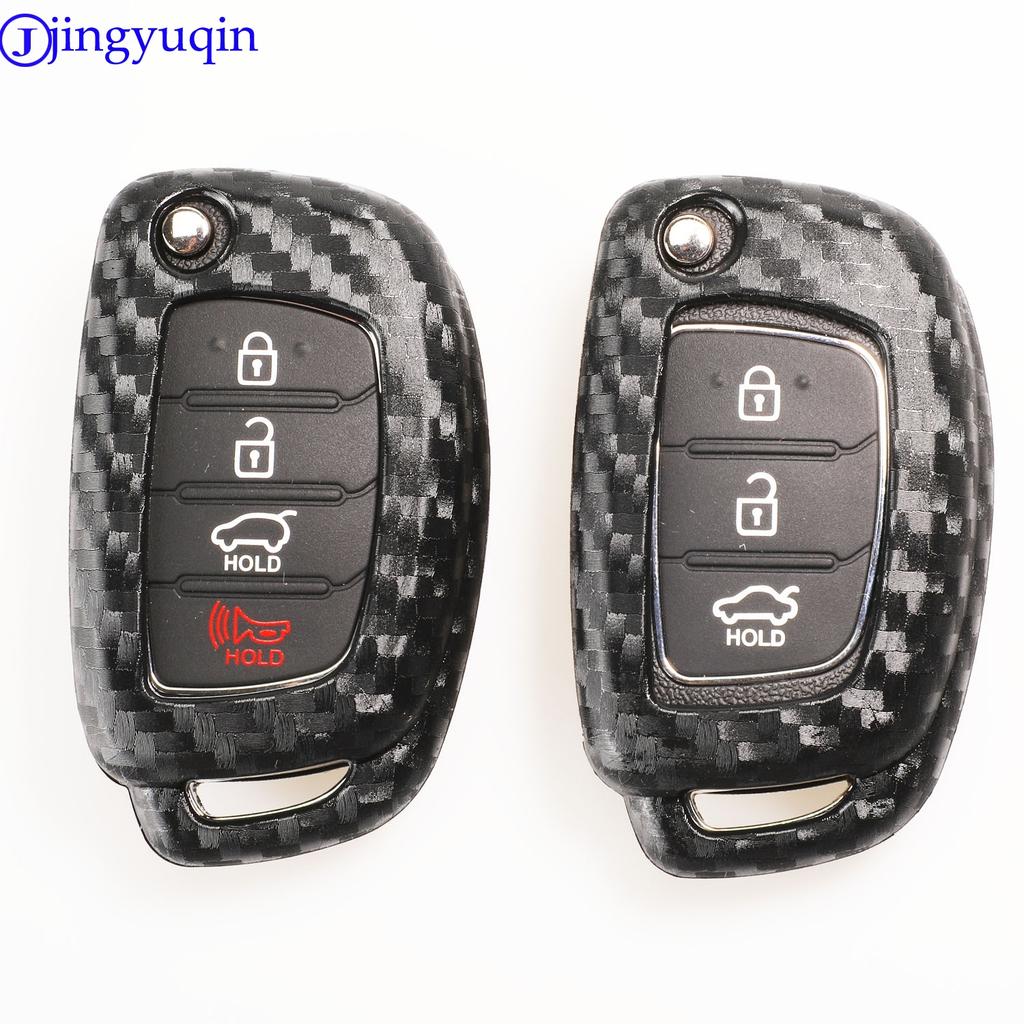 Jingyuqin Carbon Silicone Key Fob Shell Cover Case For Hyundai Creta I10 I20 Tucson Elantra Santa Fe 2016 2017 2018