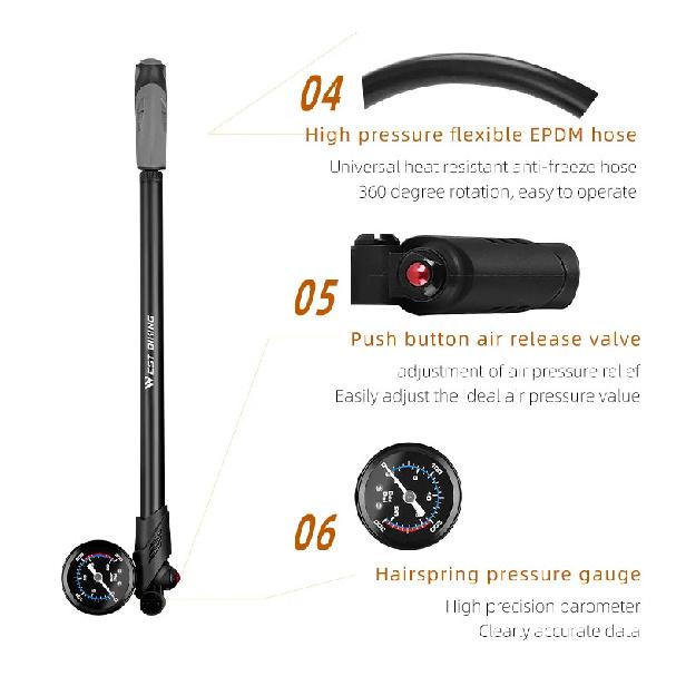 WEST BIKING Portable High-pressure 300psi Bike Air Pump with Gauge for Fork & Rear Suspension Shock Absorber Mountain Bicycle