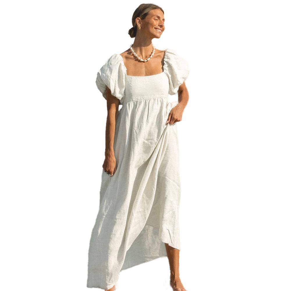 Dress European and American spring and summer new square neck bubble sleeve waist seaside vacation long dress