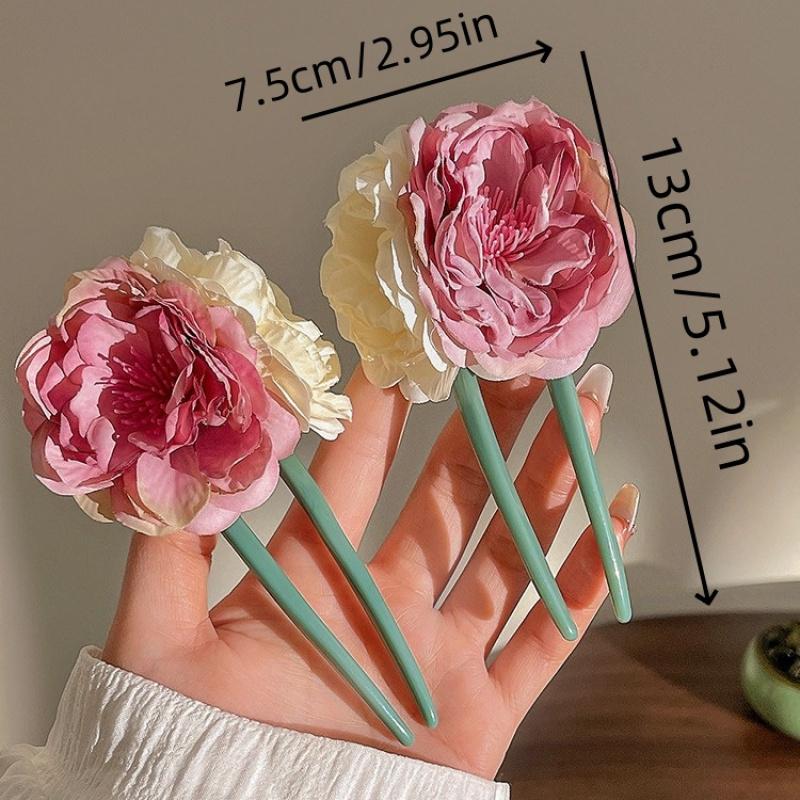 1pc pink-white faux rose hairpin, U-shape for buns/updos. Perfect for weddings, parties & daily wear in spring/summer