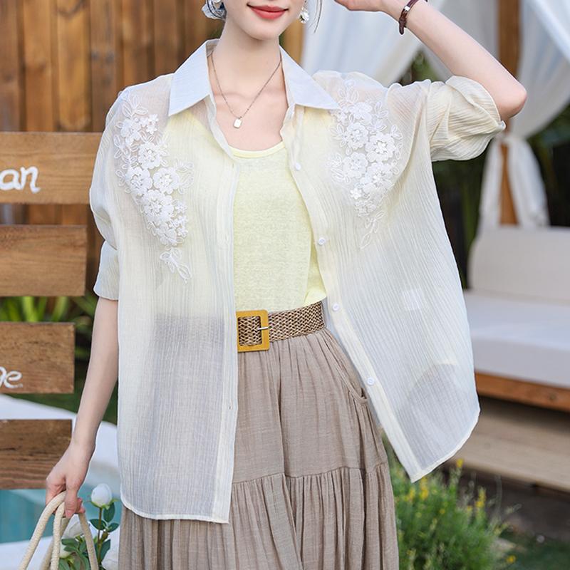 

DIMANAF 2025 New Summer Buttons Shirt Women Lace Blouse Embroidery Long Sleeve Fashion Tops Tees Casual Loose Green Tees One Size білий