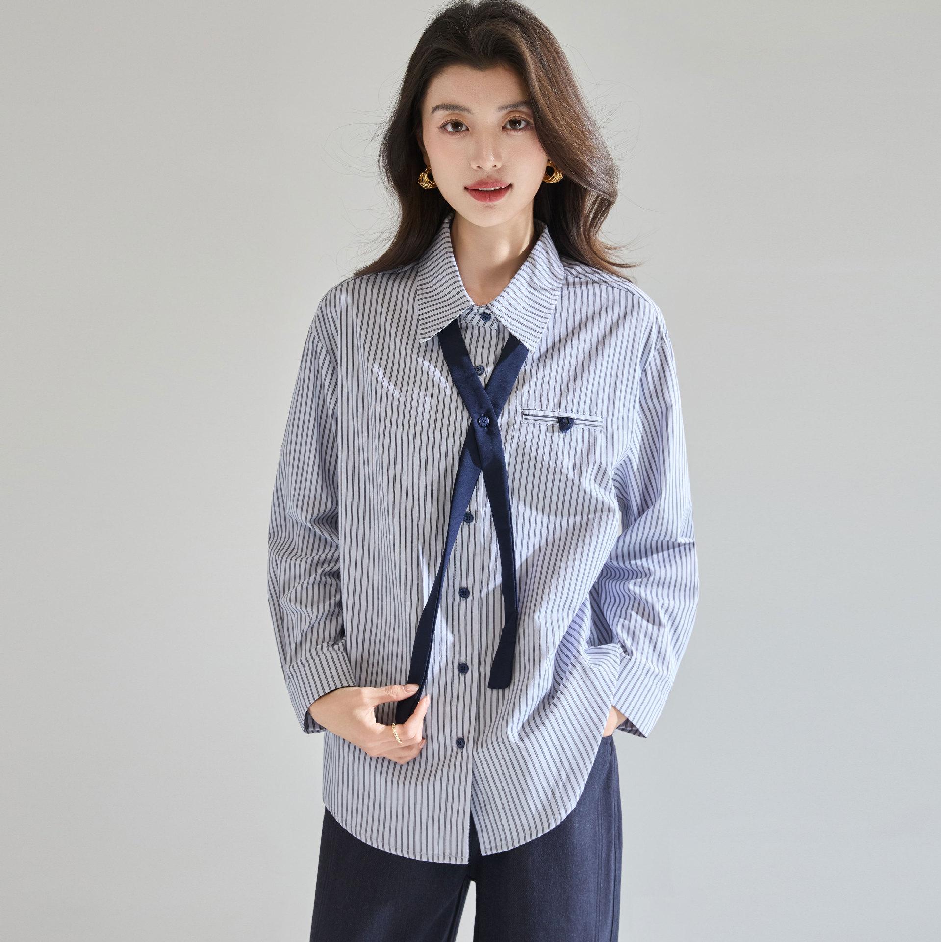 Miu-Style Blue Stripe Crinkled Cotton Top with Detachable Tie Extra Large