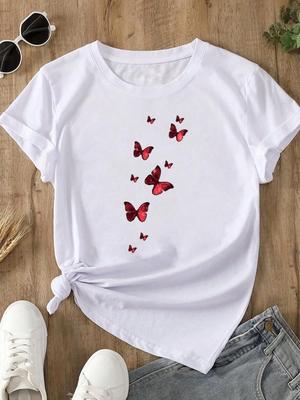 (Asian Size)  O-neck Women's Top T Clothing Print Short Sleeve T-shirts Butterfly Cute 90s Fashion Female Casual Graphic Tee
