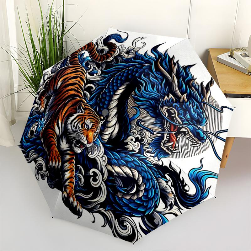 1pc Blue Dragon vs Tiger Cartoon Umbrella,Compact Umbrella, Suitable for Camping, Ideal Easter Birthday Gift for Family and Friends.N009