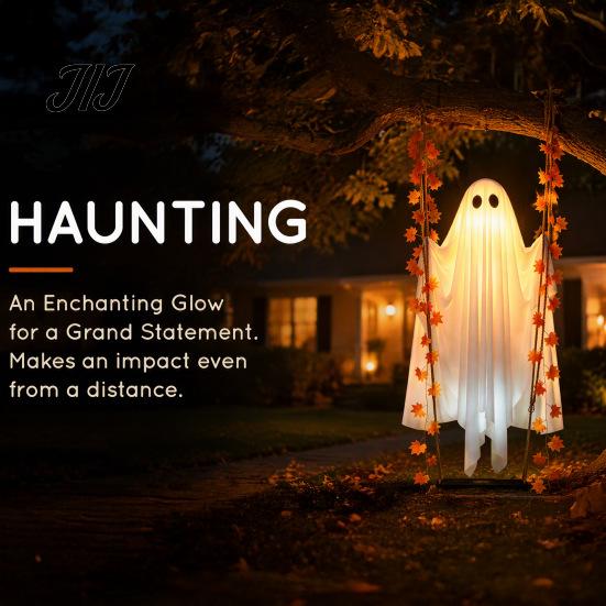 Hängendes Gespenst mit Lichtern Schaukel Halloween-Dekoration Ahornblatt, Leuchtendes Ornament Gartenatmosphäre Höhenverstellbare Schaukel, Timer, Fernbedienung für Vorne