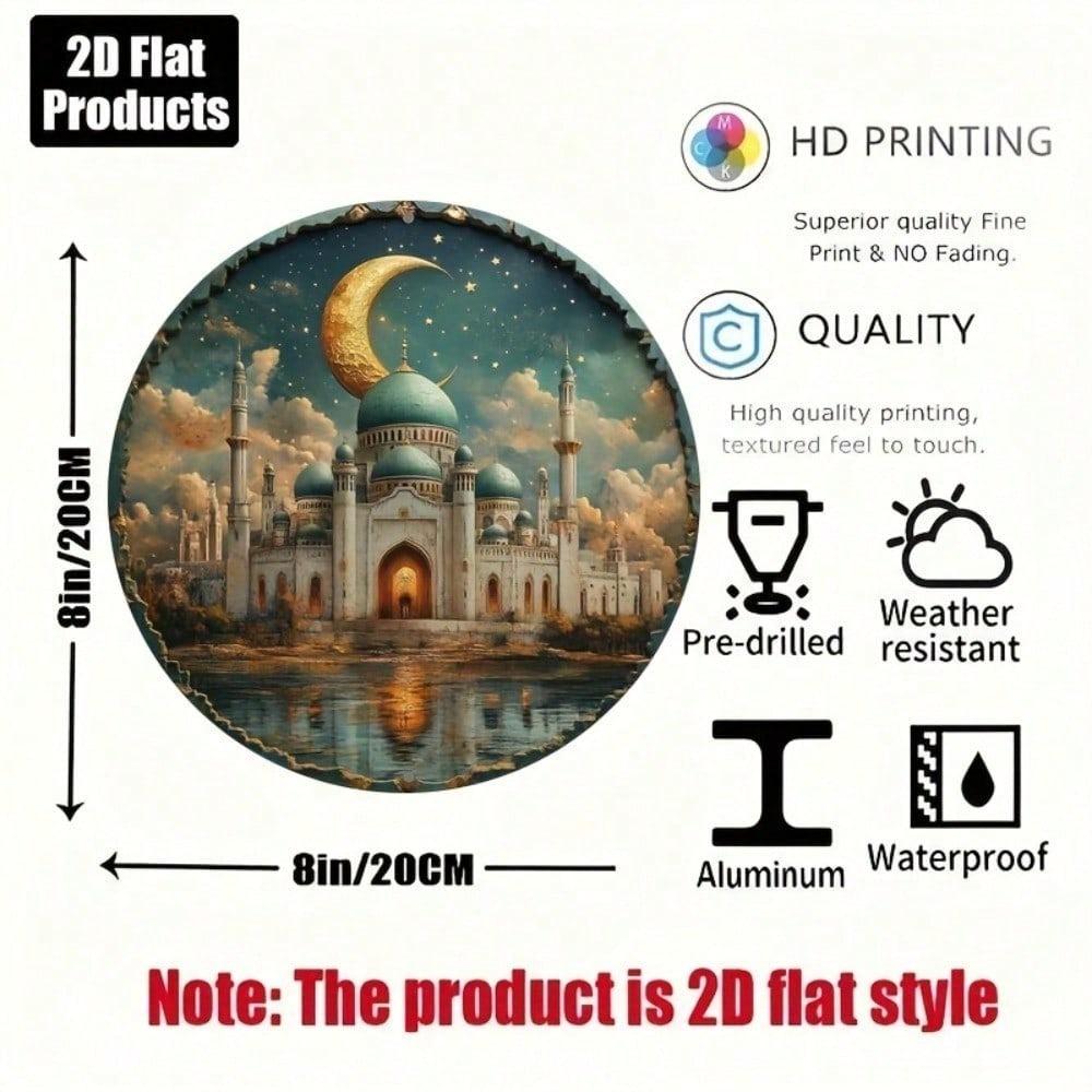 Eid Mubarak Round Metal Sign 8x8 Inch Islamic Wall Art Aluminum Decor for Home Kitchen Office Holiday Gift