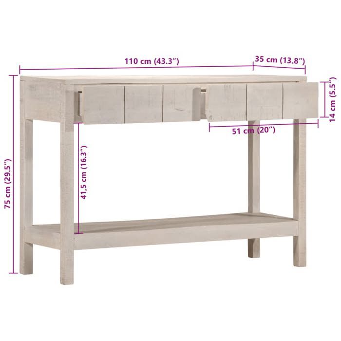 VidaXL Table console blanc 110x35x75 cm bois de manguier solide, table de canapé, table console de couloir, derrière la 4009375