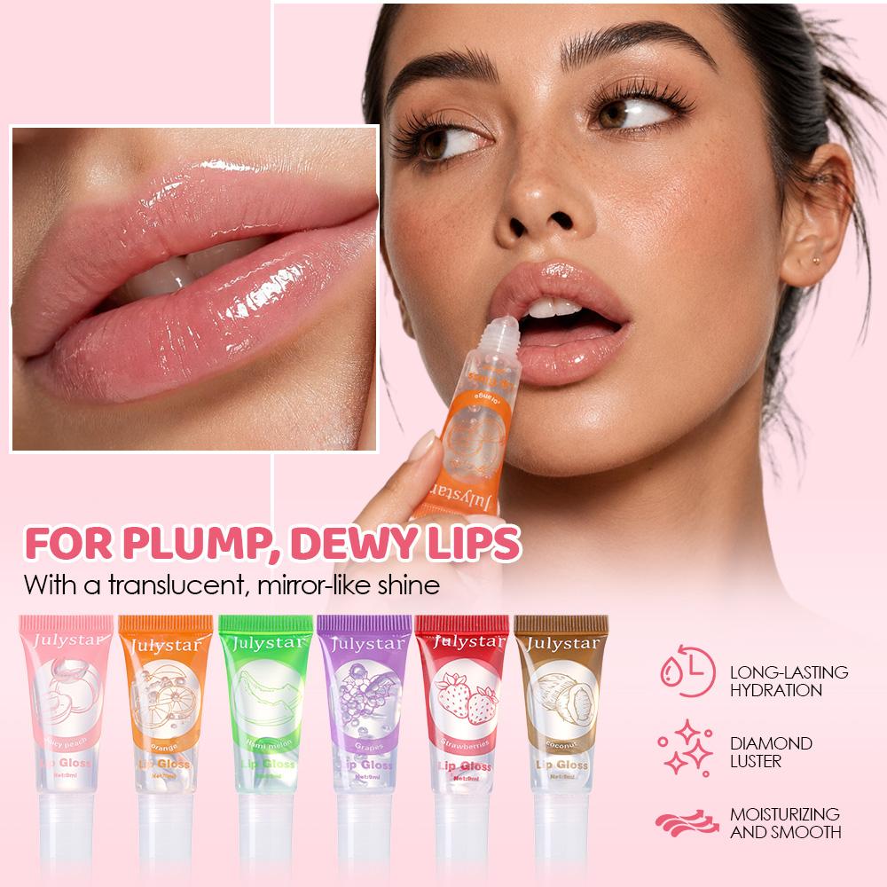 Julystar Clear Fruit Lip Gloss Oil, High Shine Mirror Dewy Lip Glow Balm, Long Lasting Hydration Moisturizing Non-Sticky Plumping Lip Stain Makeup