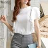 ZANZEA Women Summer Round Neck Ruffled Short Sleeve Blouses