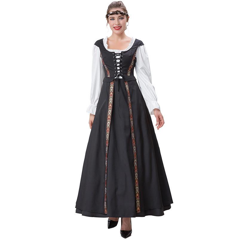 Stylish Renaissance Inspired Square Neck Dress Set In Rich Colors For Theatrical Performances