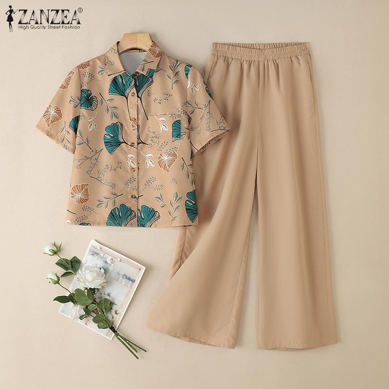 ZANZEA Women Floral Short Sleeve Shirt and Pants Summer Two Piece Suit Sets