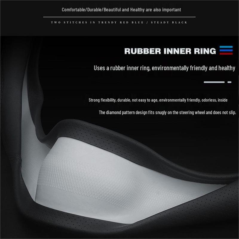 Genuine Leather D-Shaped Steering Wheel Cover - Ultra-thin, Breathable, Anti-slip, Sweat-absorbing, All-season, Universal Fit.