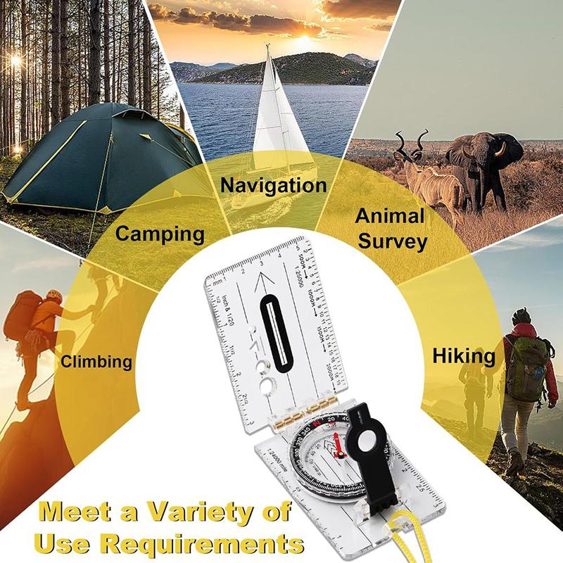 Outdoor Hiking Survival Guide Tool Compass Map Scale Ruler Folding Drawing Multifunctional Waterproof