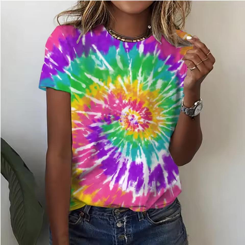Summer Round Neck 3D Gradient Print Top Fashionable Casual Short Sleeved Women's T-shirts