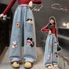 Jeans Stampati Ricamati con Gatti per Bambine High Fashion Streetwear Pantaloni in Denim Bambini alla Moda Pantaloni Cartoon