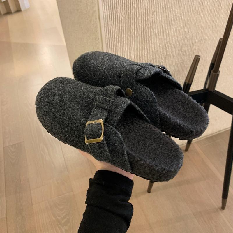 Fleece Insole Height-increasing Shoes for Women, Thick-soled Shoes, Half Slippers, Single Shoes