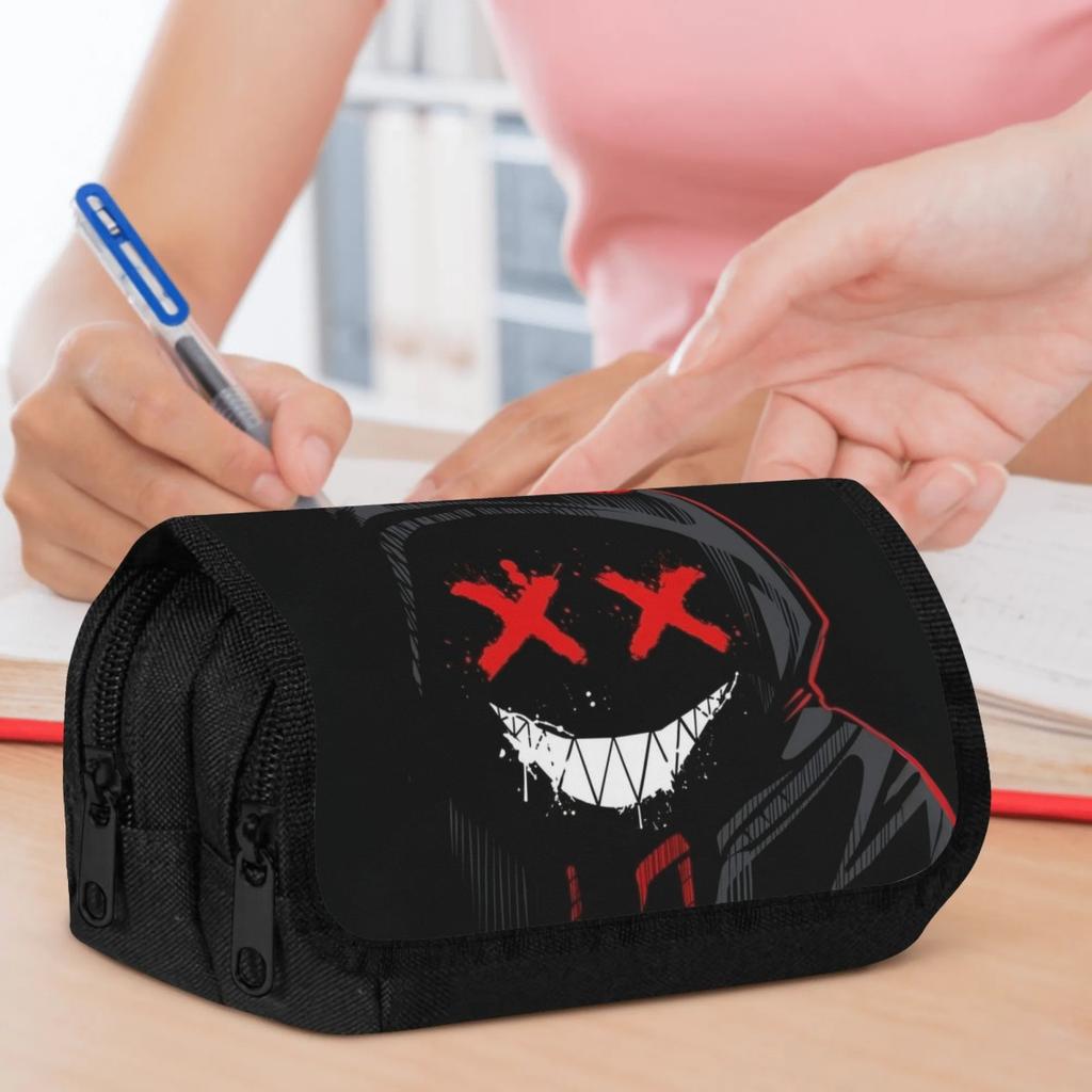 1pc Double Layer Flip Pencil Case with Dark Hooded Design, Spacious And Portable Polyester Pen Storage Bag Featuring Zipper Closure, Perfect for Organ