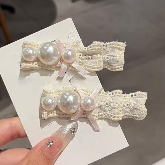 Girl Hairpin Mini Pink Bow Imitation Pearls Decor Soft Lace Hair Clip