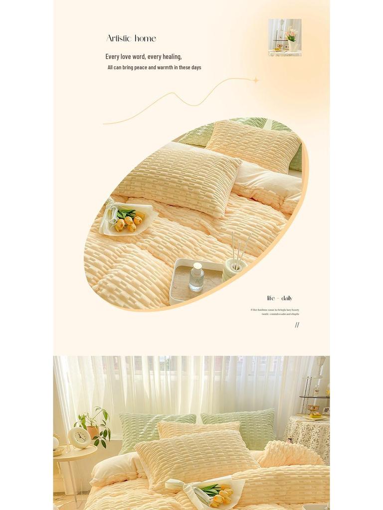 Mother and Baby Rabbit Velvet 4-Piece Set: Coral Fleece Duvet Cover, Solid Color Fitted Sheet, Milk Velvet 3-Piece Set for Single/Double Bed.