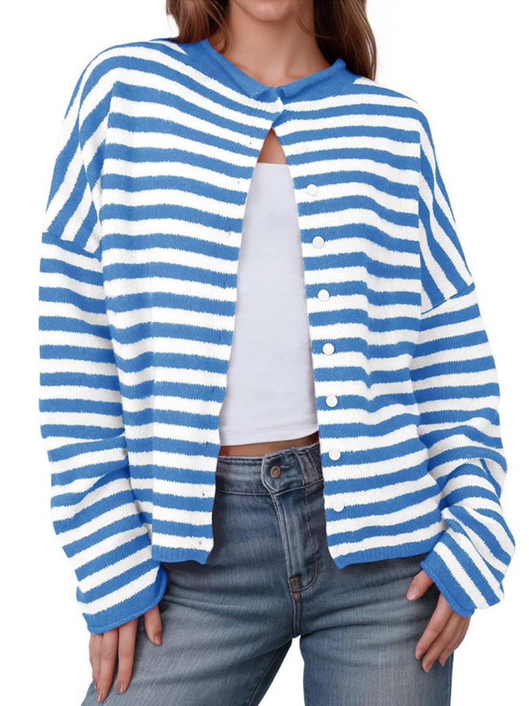 Women's Button Coat Striped Color-Contrast Long-Sleeved Cardigan