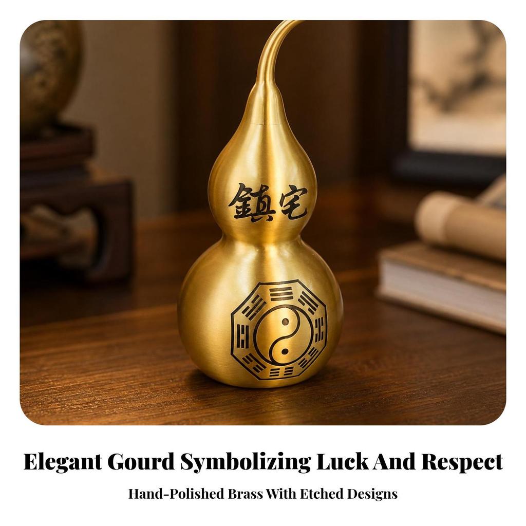 Feng Shui Brass Gourd with Bagua Symbol | DoubleLobed Shape, Calabash YinYang Motif, for