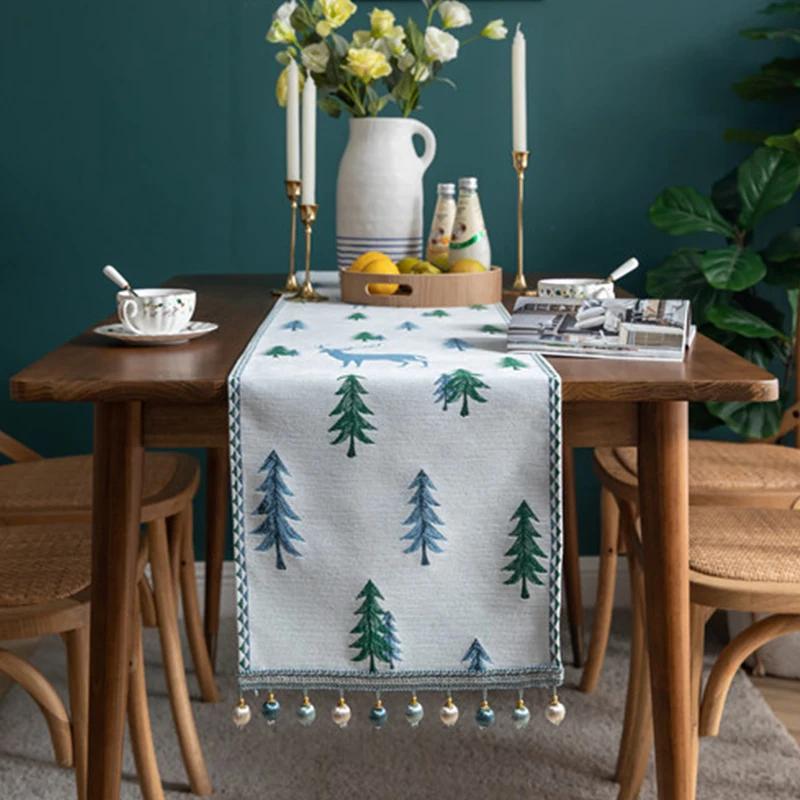 Cotton Linen Blue and Pink Elk Christmas Table Runner Seasonal Winter Christmas Xmas for Holiday Farmhouse Style Dining Holiday
