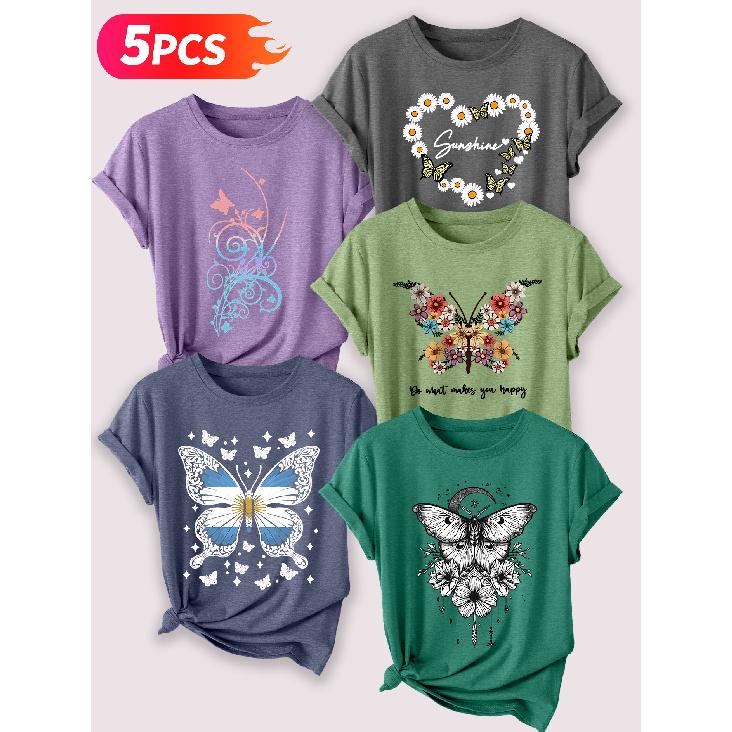 Go for a specific forest-themed, fresh floral and butterfly artistic aesthetic print Five-piece set of women's short-sleeve tops Elegant summer
