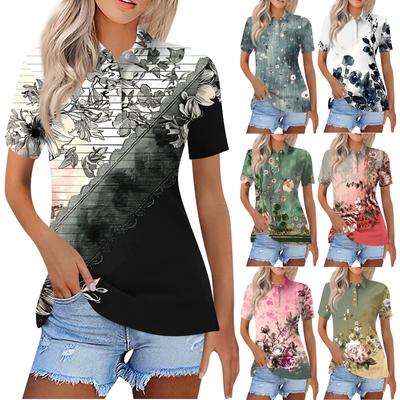 Damenmode Lässiges Revers Kurzarm-Print-Shirt Damen-Tops mit Knopfleiste
