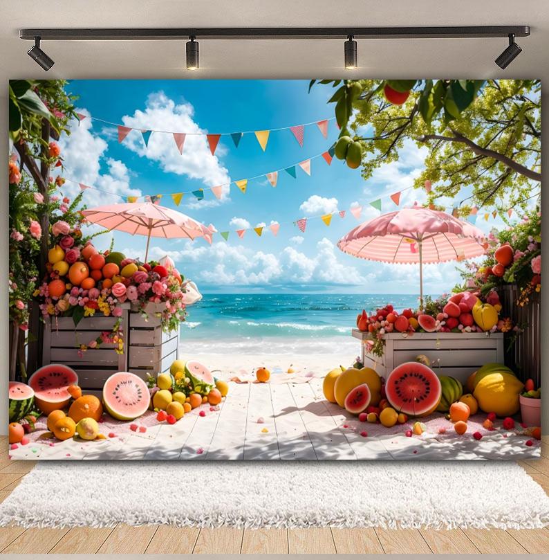 Summer Seaside Fruit Beach Palm Tree Theme Banner Background, Holiday Camping Party Decoration Photography Studio Backdrop Cloth