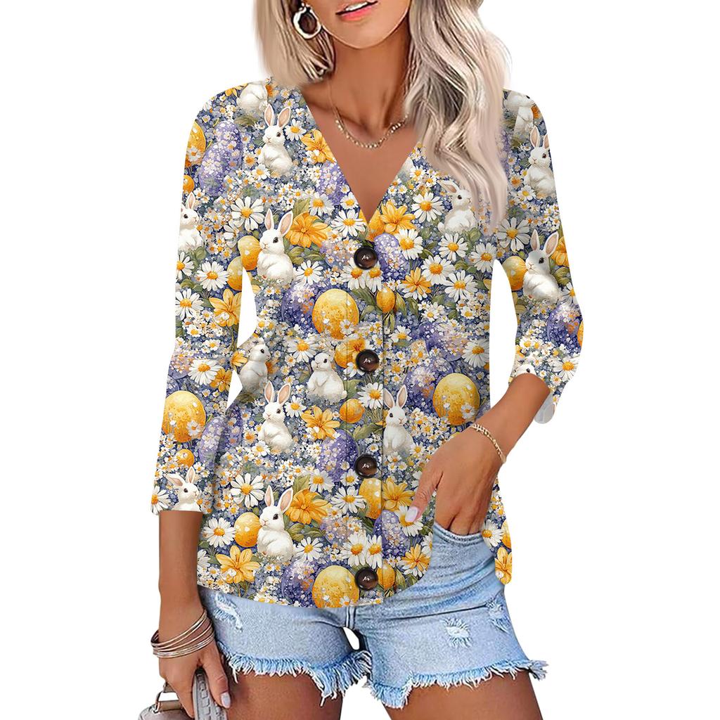 Women's Fashion Casual Print Button-down Shirt 3/4  Sleeve Tops