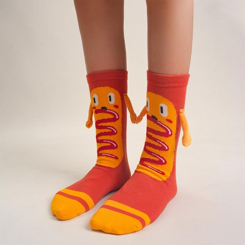 Magnetic Hand Holding Middle Calf Socks Funny Cartoon Food Themed Hamburger Hot Dogs Print Crazy Design Socks for Women