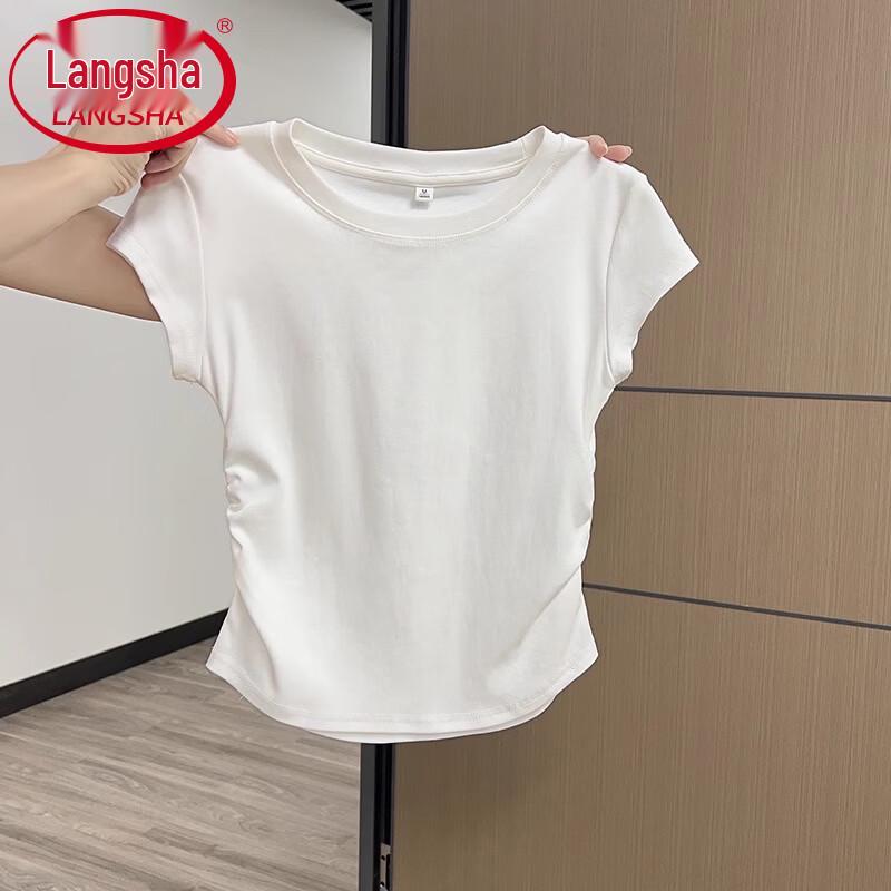 Langsha Women's Summer Slim Fit Cropped Ruched Flutter Sleeve T-shirt