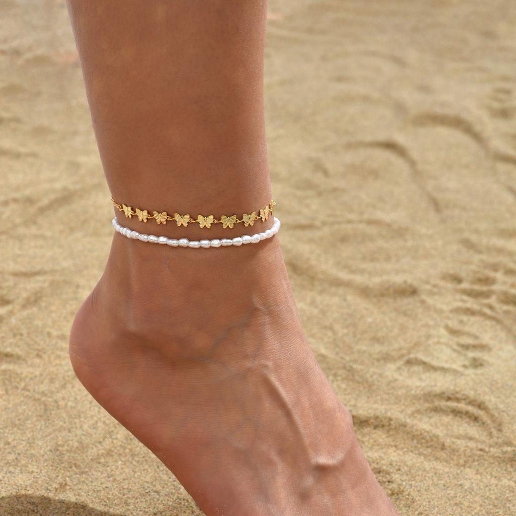 14K Gold Zircon Diamond Anklet Set Pearl Stained Glass Beaded Chain Foot Accessories