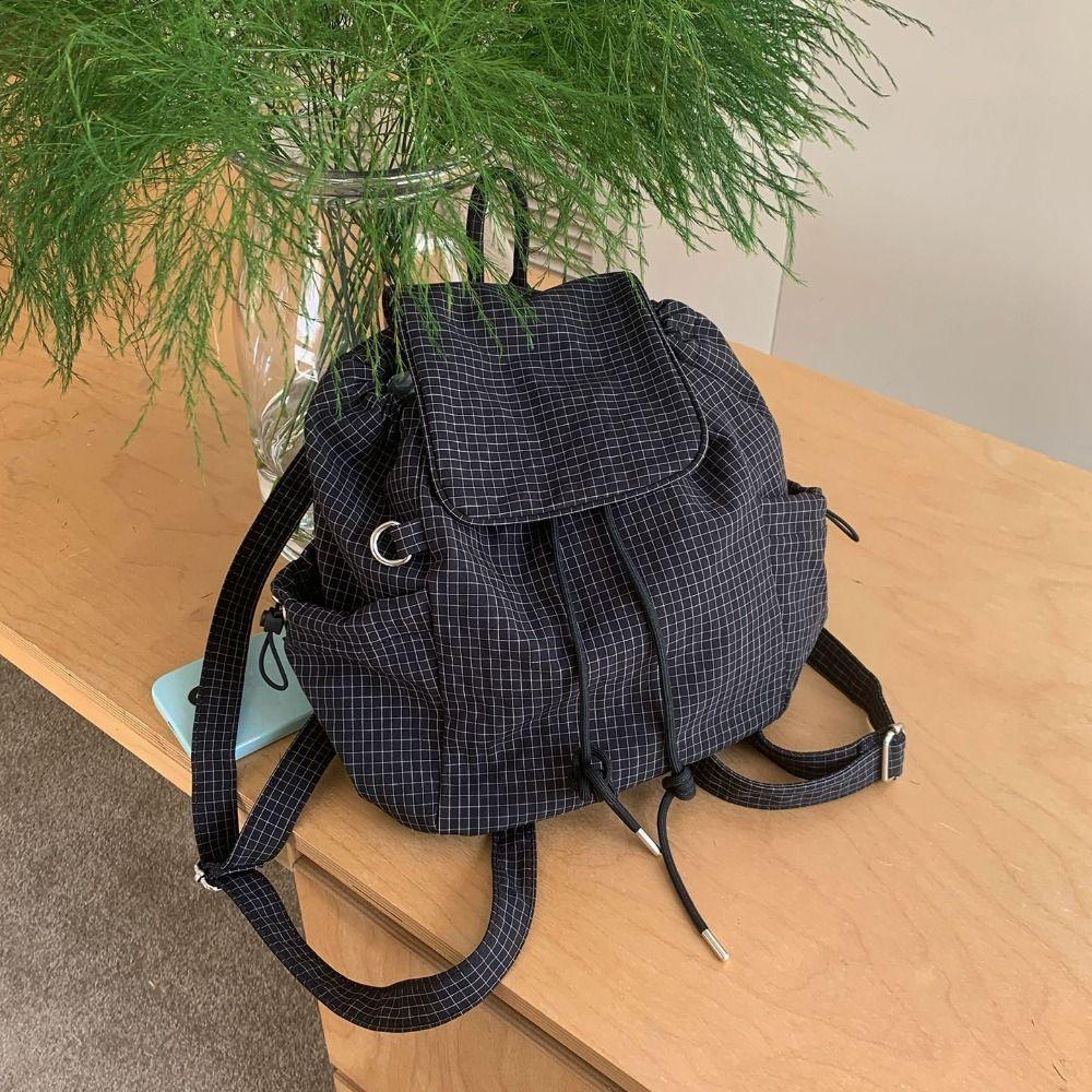 Korean Drawstring Backpacks Solid Color Student Schoolbag Stylish Plaid Nylon Backpacks  Men Women