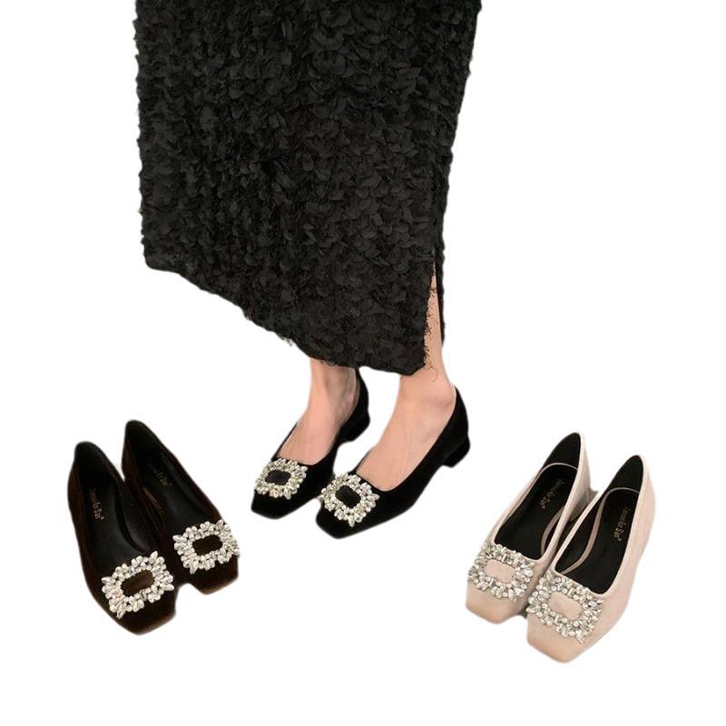 Coarse Heel French Rhinestone Temperament Single Shoes Women's Shoes 2025 New Spring and Autumn Black Square Head Commuting Shoes