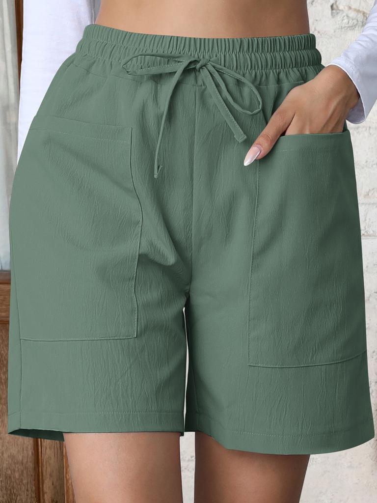 Summer new loose linen casual solid color high waist pocket drawstring large size shorts women