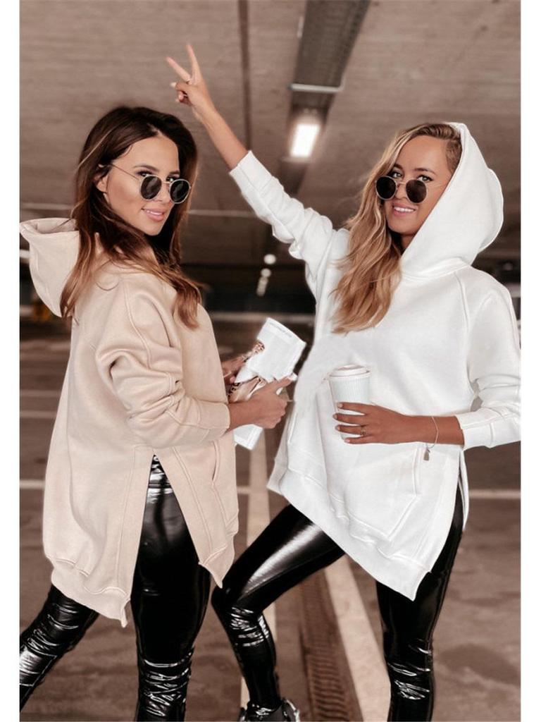 2024 Autumn/Winter Women's Solid Color Hooded Sweatshirt with Slit