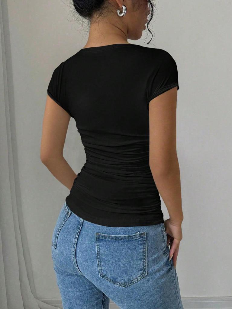 2025 Summer European & American Women's Fashion: Slim Fit Square Neck Casual T-Shirt