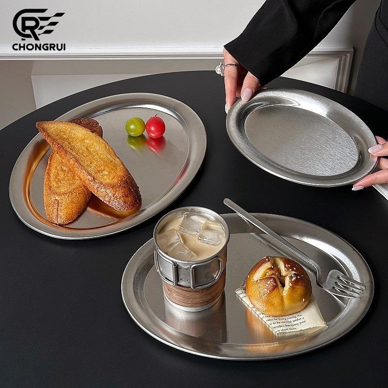 Stainless Steel Oval Plate Korean Style High-value Snack Dessert Tray Household Shallow Dinner Serving Plate for Cafe Cake