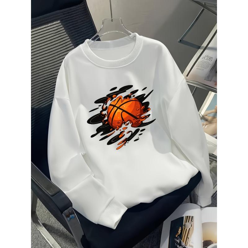 Europäische Größen Jungen Basketball Print Muster Lässiges Sport Herbst Winter Langarm Sweatshirt, Warmes Rundhals Oberteil, Bequeme Outdoor Kleidung.