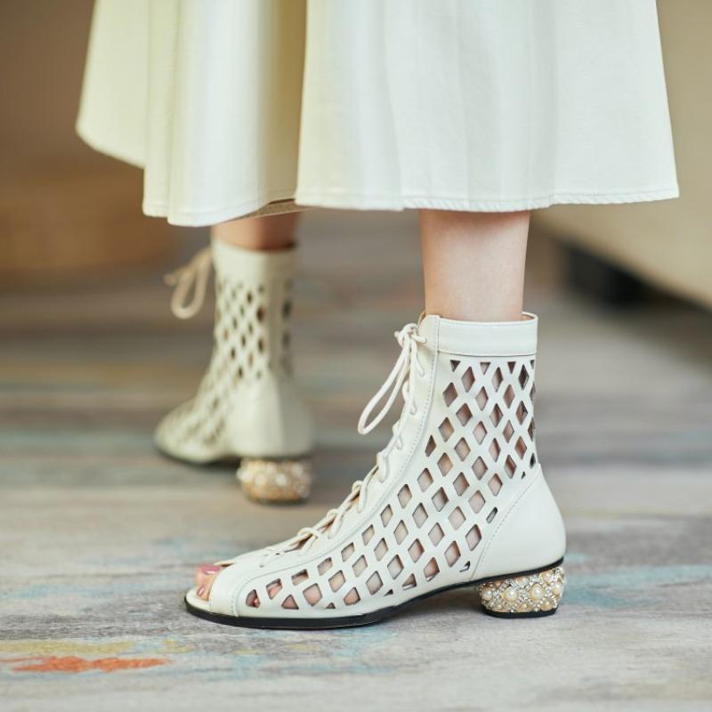 Fashion Cowhide Hollowed Out Cross Strap Fish Mouth Cool Boots Spring Summer Women Electroplated Full Diamond 3cm Low Heel Sandals 33-44