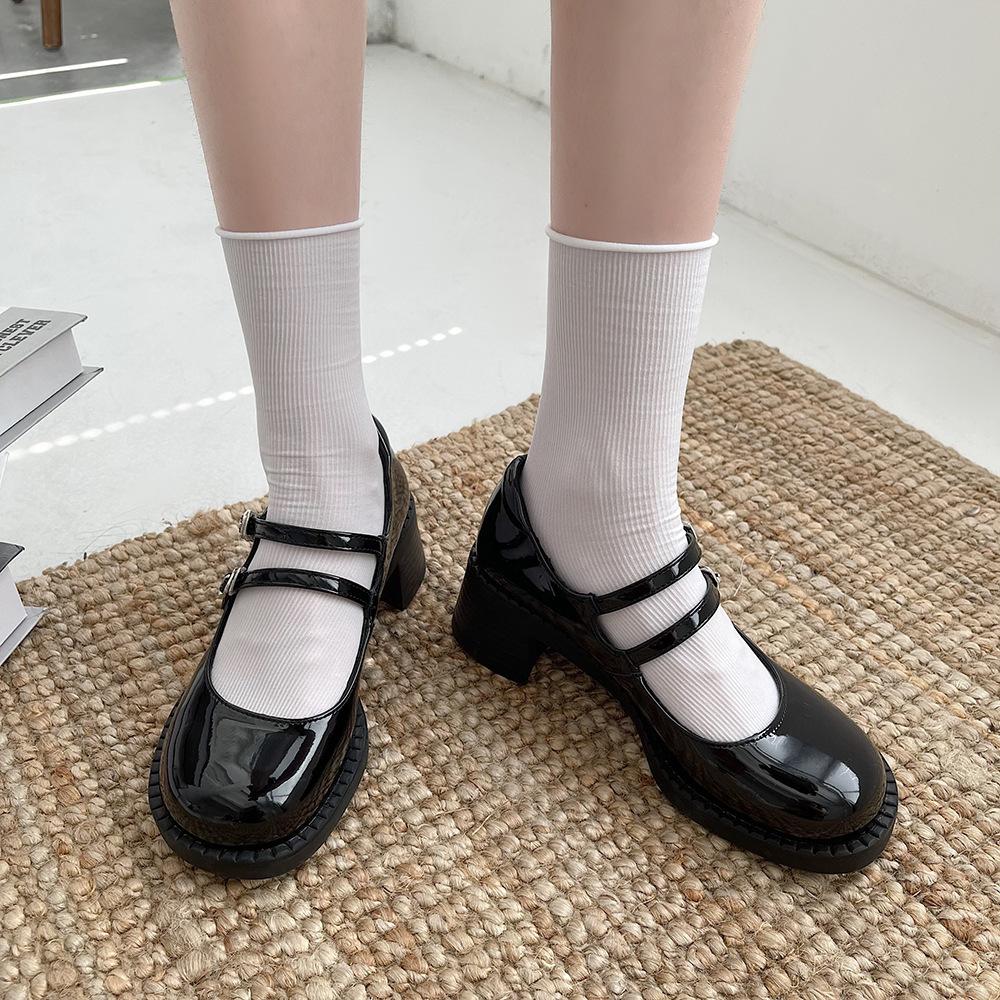 Mary Jane Single Shoes Women'S High Heels New Retro British Style Jk Shoes Black French Thick Heel Small Leather Shoes